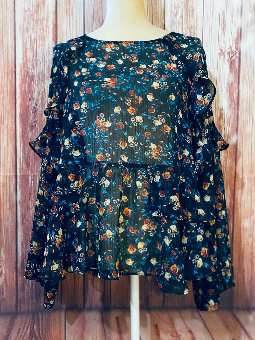 Women’s Large Blouse ANA Multicolored Sheer Floral Wide 3/4 Sleeve Ruffle Detail